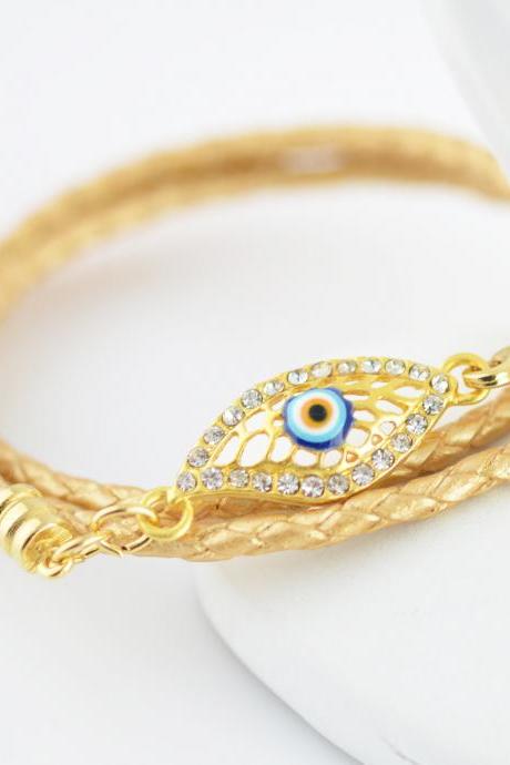 Triple Wrap Bracelet With Evil Eye Charm, Gold Leather, Gold Evil Eye Charm, Gift For Her, Womens Jewelry