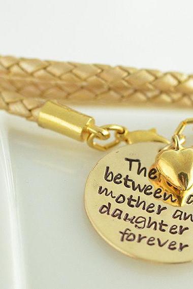 Personalized hand stamped Bracelet, Mother/Daughter bracelet, leather wrap bracelet, the love between and mother and daughter is forever