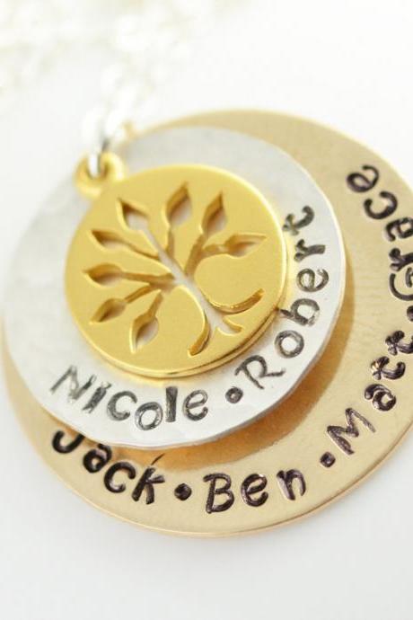Hand Stamped Gold And Silver Family Tree Necklace, Layered Necklace, Personalized Necklace, Tree Of Life