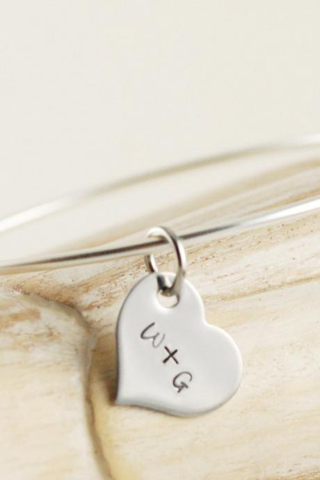 Silver Heart Charm Bangle Bracelet, Hand Stamped Initial Name Bracelet, Alex And Ani Inspired