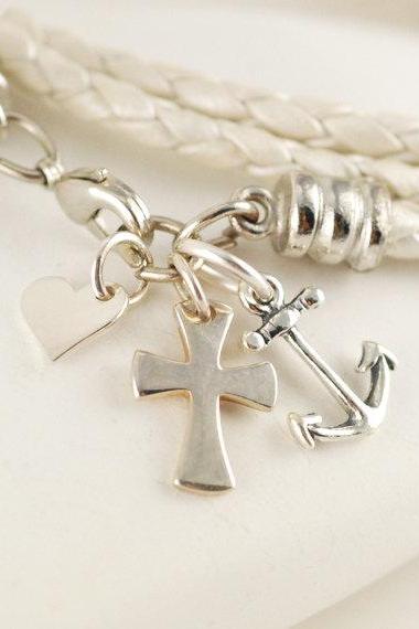 Womens Jewelry, Womens Bracelet, Leather Bracelet, Anchor, Cross, Heart Charm, Hope, Charity, Love