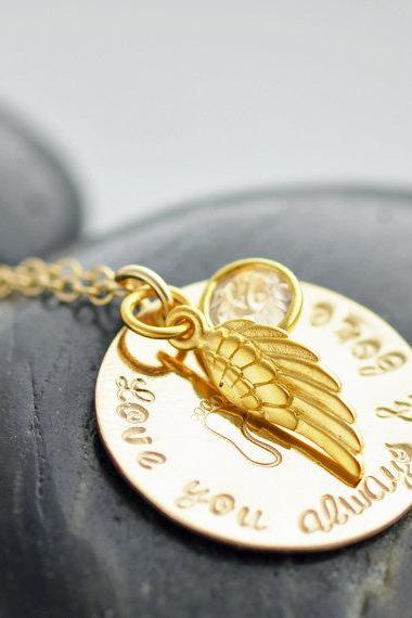 Mommy Jewelry With Baby Feet, Gold Angel Wing, Personalized Necklace, Custom Hand Stamped Necklace, Birthstone Necklace