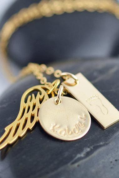Personalized Hand Stamped necklace, gold name necklace, angel wing necklace, mommy jewelry,rememberance necklace,baby foot charm