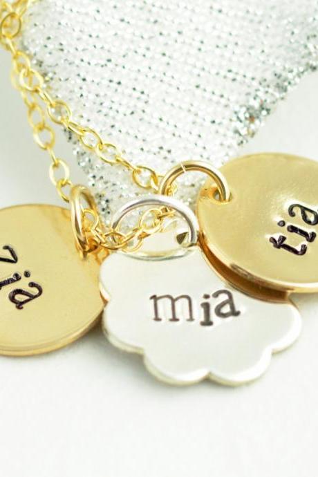 Mother Necklace, Mixed Metal Name Necklace, Personalized Hand Stamped Necklace, Small Disc Necklace