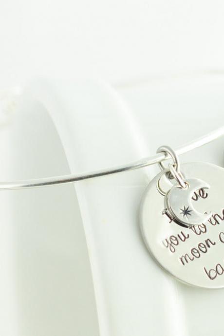 Bangle Charm Bracelet, I Love You To The Moon And Back, Personalized Bracelet, Womens Jewelry, Alex And Ani Inspired