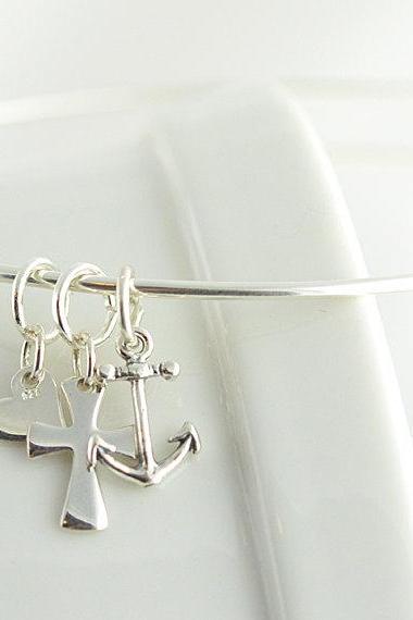 Bangle charm bracelet, anchor, heart and cross , faith, hope and love bracelet, womens jewelry