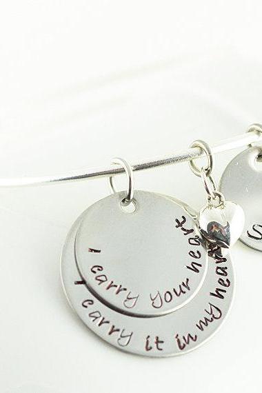 Personalized Bangle Charm Bracelet, I Carry Your Heart In My Heart, Bracelet With Name Disc,alex And Ani Inspired