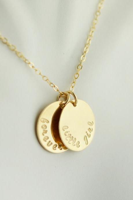 Gold Disc Necklace, Personalized Hand Stamped Phrase Necklace, Gold Personalized Jewelry