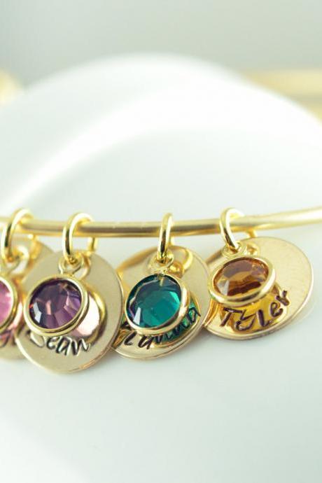 Personalized Bangle Charm Bracelet, Name Birthstone Bracelet, Personalized Hand Stamped Bracelet, Womens Jewelry