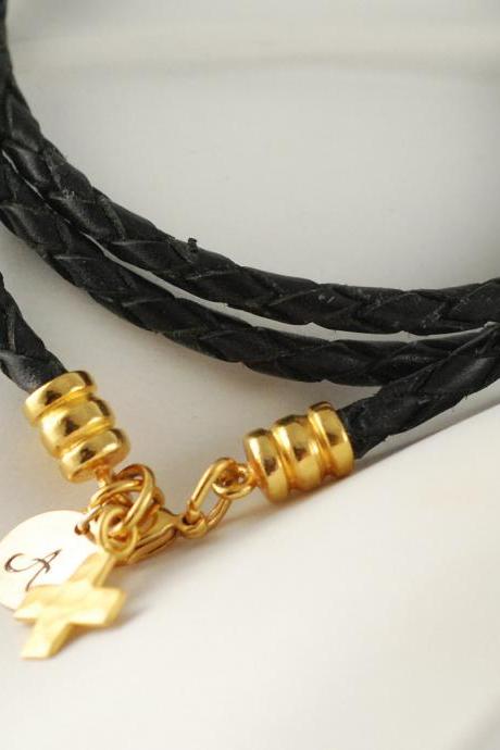 Personalized hand stamped, black leather cord wrap bracelet with 14 k gold initial disc, 14k cross charm