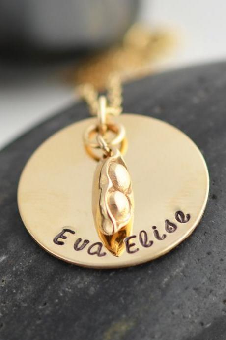 Mommy Necklace -pea In A Pod Necklace- Hand Stamped 14k Gold Necklace - Hand Stamped Mommy Necklace- Personalized Hand Stamped Necklace