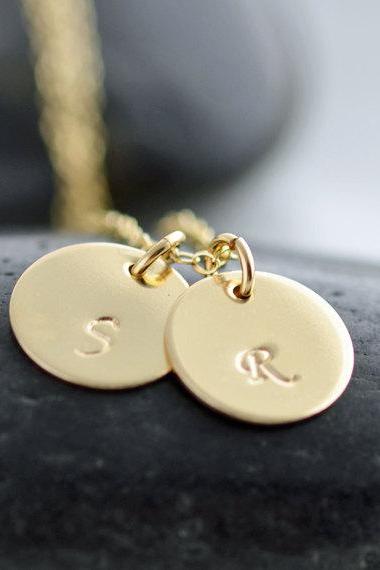 Mother Necklace, Gold Initial Necklace, Personalized Hand Stamped Necklace, Small Gold Disc Necklace