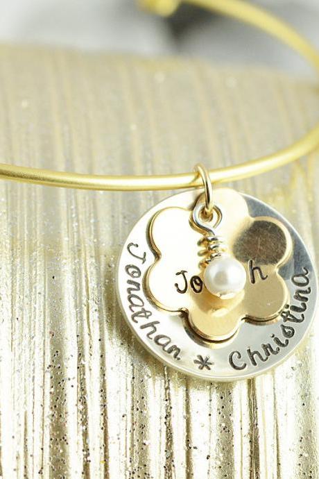 Hand Stamped Bangle Bracelet, charm bracelet, Mixed Metal jewelry, Gift for her