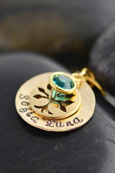 Hand Stamped Gold Necklace, Mommy Jewelry, Gold Family Tree, Layered Birthstone necklace, Personalized Necklace, Tree of Life