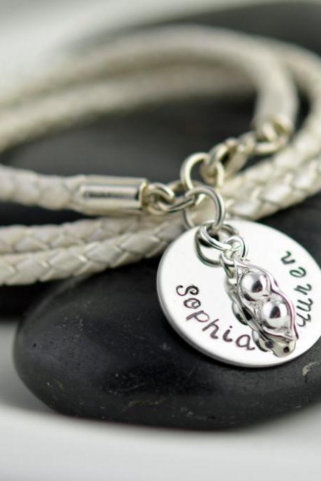 Personalized Bracelet, Peas In A Pod Bracelet,personalized Jewelry,mommy Bracelet, Hand Stamped Sterling Silver Disc, Leather Bracelet