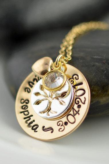 Hand Stamped Gold Necklace, Tree of Life, Mommy Jewelry, MIxed Metal Necklace, Layered Birthstone necklace, Personalized Necklace