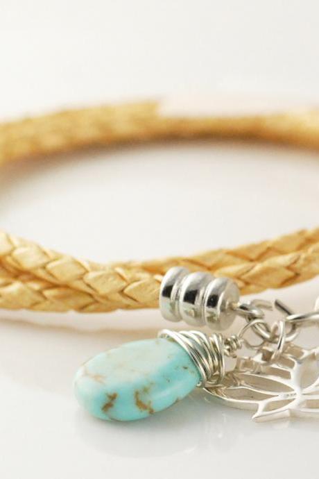 Womens Leather Bracelet, Gold Metallic Braided Leather Cord Wrap Bracelet With Sterling Silver Lotus Charm, Teardrop Turquoise Gemstone