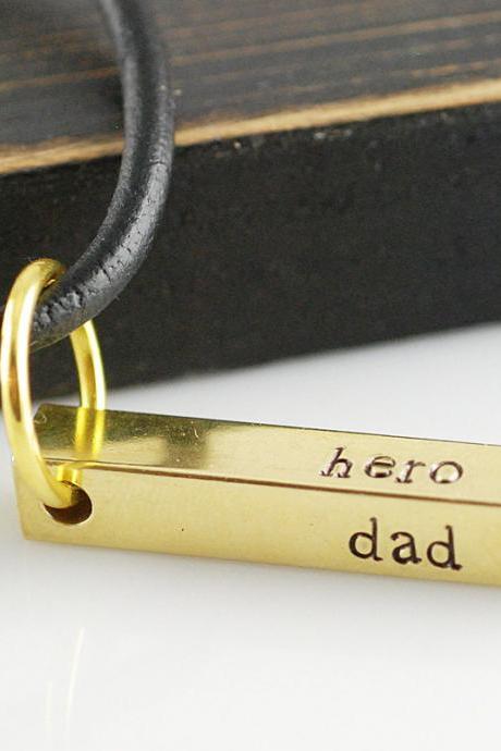 Personalized Hand Stamped Brass Bar Necklace, Gift For Dad