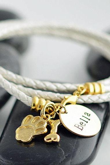 Personalized hand stamped pet bracelet, Dog name bracelet, wrap bracelet with gold dog bone and paw charm