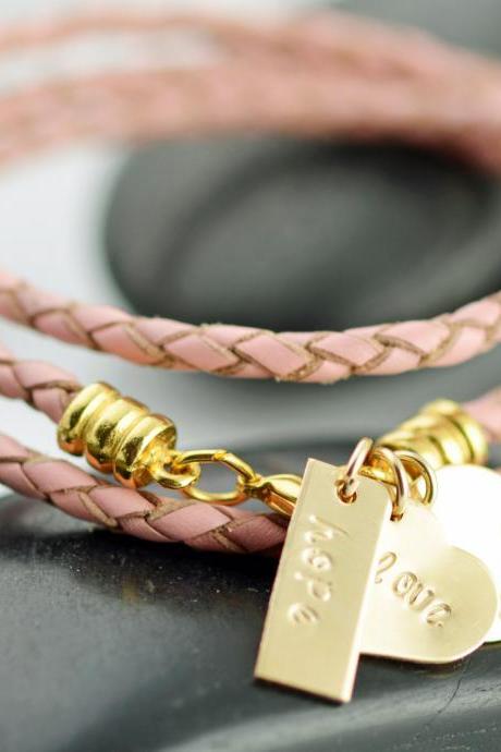Hand Stamped Bracelet,leather Wrap Bracelet, Friendship Bracelet ,personalized Jewelry, Heart Bracelet