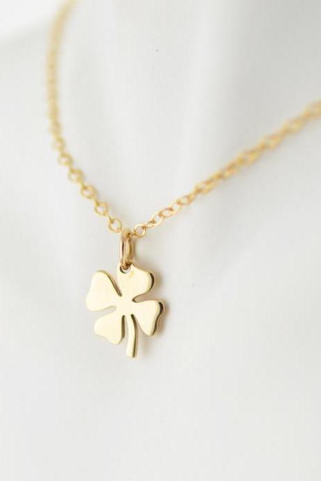 Womens Good Luck Charm Necklace,14k Gold Necklace, Four Leaf Clover Charm