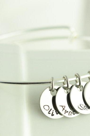 Bangle Charm Bracelet, Name Bracelet, Personalized Hand Stamped Bracelet, Womens Jewelry