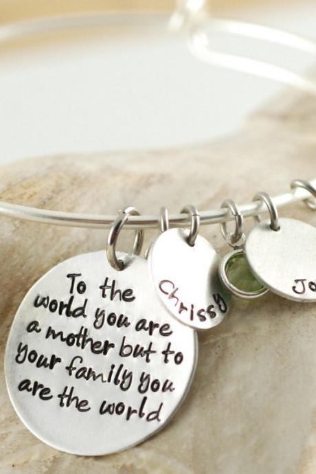 Personalized Bangle Bracelet, Hand Stamped Alex And Ani Inspired Bracelet, Mommy Braceletto The World You Are A Mother