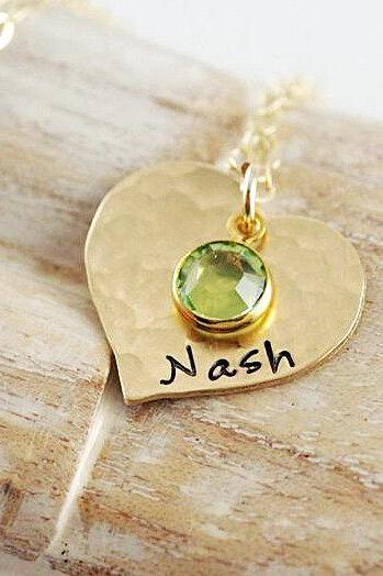 Heart Name Necklace ,birthstone Necklace, Personalized Hand Stamped Necklace, Hand Stamped Gold Heart Necklace, Mommy Jewelry