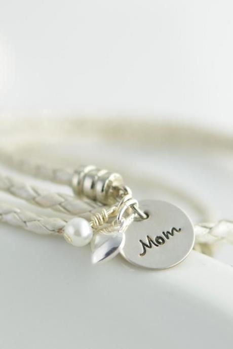 Personalized Hand Stamped Leather Bracelet, Mommy Jewelry, Sterling Silver Iniital Jewelry, Pearl Charm, Heart Charm