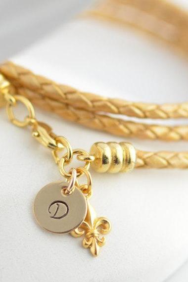 Personalized Jewelry,bridal Jewelry, Hand Stamped Initial,leather Bracelet, Leaf Charm,14k Gold Initial Disc, Womens Jewelry