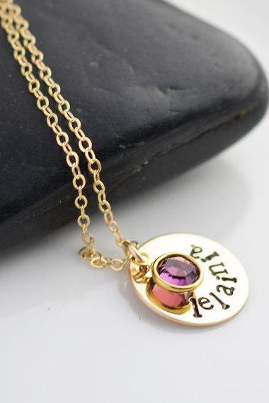 Gold Disc Necklace Initial, Birthstone Necklace, Personalized Hand Stamped Necklace, Hand Stamped Gold Disc Necklace, Mommy Jewelry