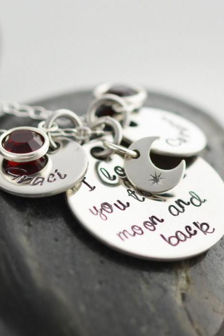 Personalized Necklace, I Love You To The Moon And Back, Mothers Necklace, Birthstone Charms, Silver Necklace