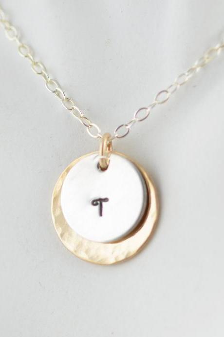 14kt Gold Hammered Disc Necklace, Personalized Initial Necklace, Handstamped Jewelry, Personalized Gold Necklace - Name Jewelry