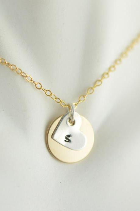 14kt Gold Disc Necklace, Initial Jewlery, Personalized Necklace,handstamped Jewelry, Sterling Silver Initial Heart Charm