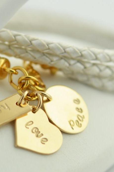 Hand Stamped Bracelet, ,leather Wrap Bracelet, Friendship Bracelet ,personalized Jewelry, Heart Bracelet