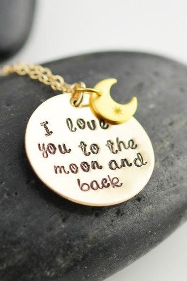 Personalized jewelry, I love you to the moon and back, mothers 14k gold filled necklace, handstamped necklace