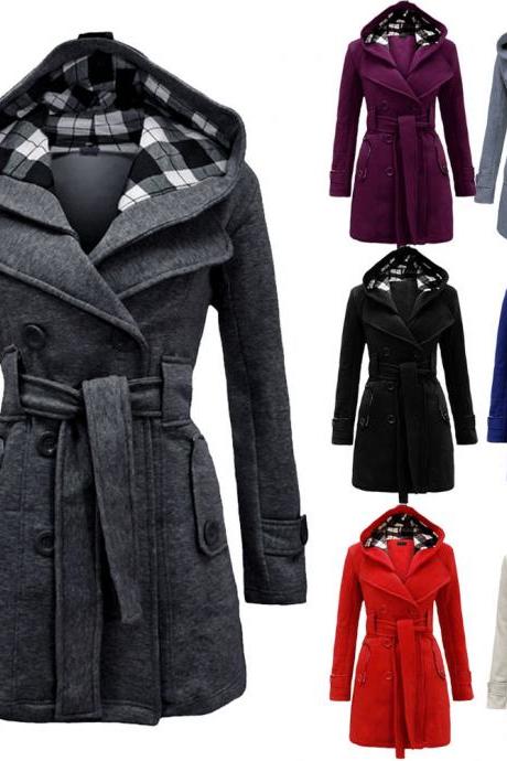 Women's Warm Winter Double-breasted Hooded Long Section Slim Jacket Parka Coat