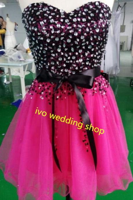 Super Cute Short Sweetheart Tulle Ball Gown Fushia Prom Dresses 2016 With Bow And Beadings, Bow Prom Dresses, Lovely Short Prom Dresses,