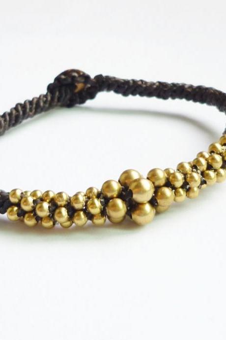 Cluster Of Gold Bracelet - Mix Of Brass Beads Woven With Black Wax Cord Bracelet/bangle - Gift Under 15
