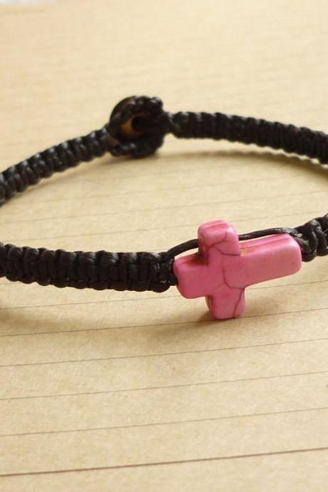 The Pink Cross Bracelet - Pink Cross Magnesite Stone Bead Bracelet - Cross Wax Cord Bracelet / Wristband - Customized Bracelet - Gift under 10
