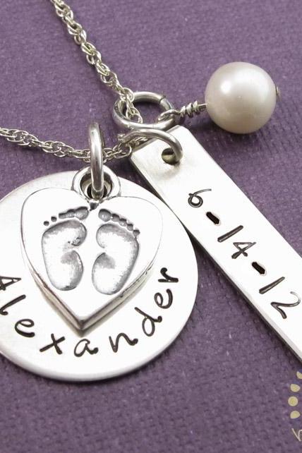 Mother charm Necklace: Handstamped mommy BABY FEET CHARM new mom baby