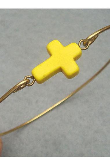 Yellow Turquoise Cross Brass Bangle Bracelet