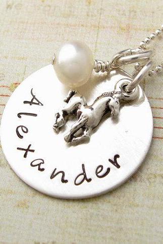 Horse Charm Personalized Necklace: Handstamped birthstone pony