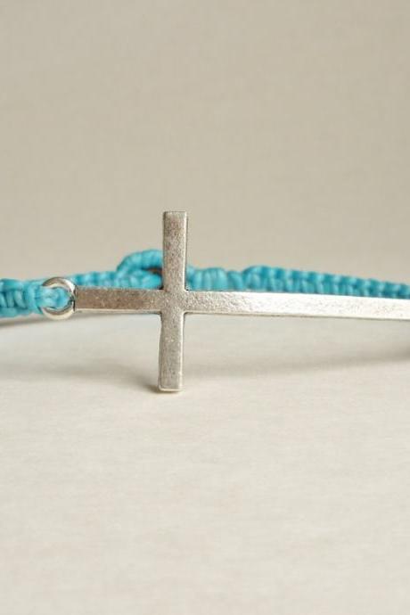 Blue Cross Spirit - Simple Single Silver Side Cross woven with Turquoise Blue Wax Cord Bracelet / Wristband/Bangle - Gift under 15