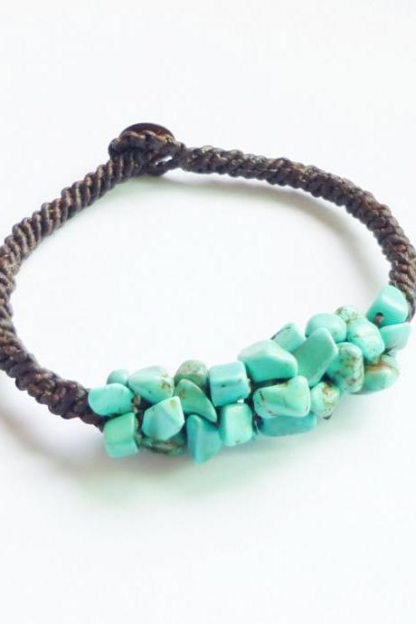 Cluster of Turquoise Blue Bracelet - Mix of Turquoise Blue Chip Beads woven with Black Wax Cord Bracelet/Bangle - Gift under 15