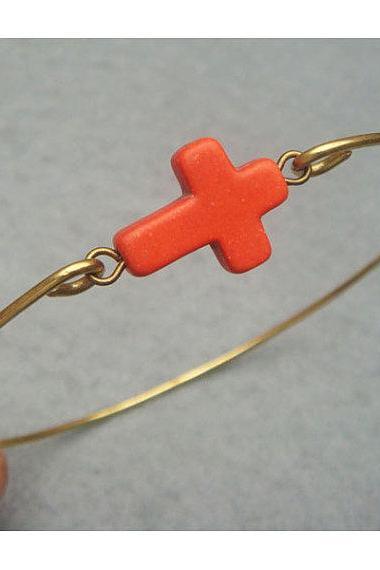 Orange Turquoise Cross Brass Bangle Bracelet