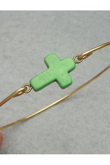 Green Turquoise Cross Brass Bangle Bracelet