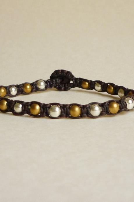 Silver and Gold in Line Wax Cord Bracelet 