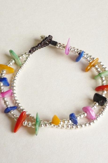 Rainbow Bracelet in Silver - Double Strands of Colorful Dyed Mother of Pearl Chip Beads and Silver Plated Beads with Wax Cord Bracelet