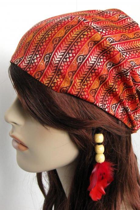 Island Head Wrap Mediterranean Design Headband Women&amp;amp;amp;#039;s Dreadband Gypsy Hippie Bandana Brown Red Burnt Orange Cotton Print